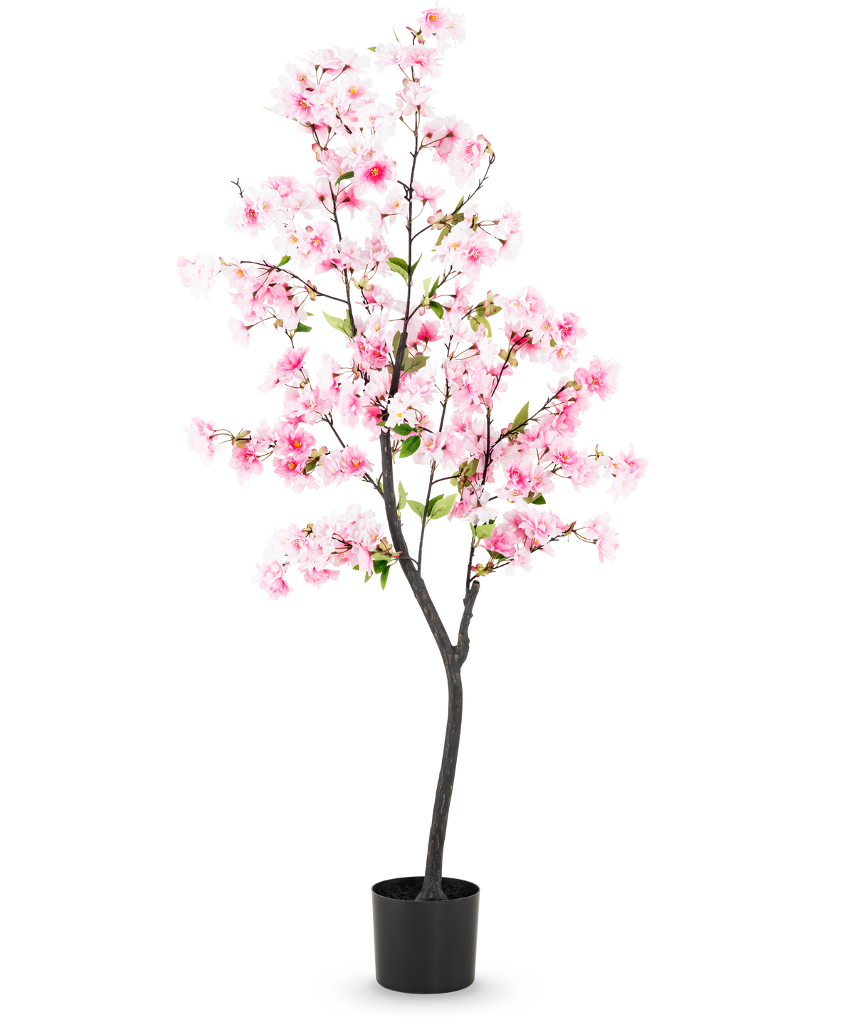 La Fleur de Cerisier Artificielle 150 cm rose présente des fleurs en soie rose et des feuilles vertes dans un pot noir, sur un fond blanc uni.