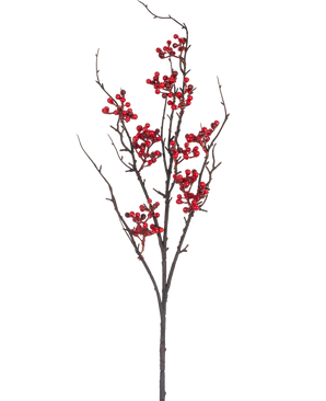 La Branche Artificielle Berry 93 cm rouge possède une branche nue brune avec de multiples ramifications et des grappes de baies rouge vif sur un fond blanc uni.