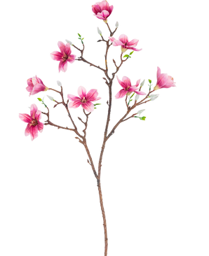 La Branche Artificielle Magnolia à petites fleurs 89 cm rose possède une branche avec plusieurs fleurs de magnolia roses épanouies et des feuilles vertes, parfaite pour un usage décoratif.