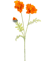 Une illustration botanique de la fleur artificielle de coquelicot 73 cm orange montre deux fleurs orange ouvertes et un bourgeon fermé sur de longues tiges vertes avec des feuilles vert clair profondément lobées.