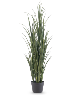 Le gazon artificiel vert UV 120 cm est un gazon artificiel haut avec de longues feuilles vertes fines dans un simple pot noir, sur un fond blanc uni.