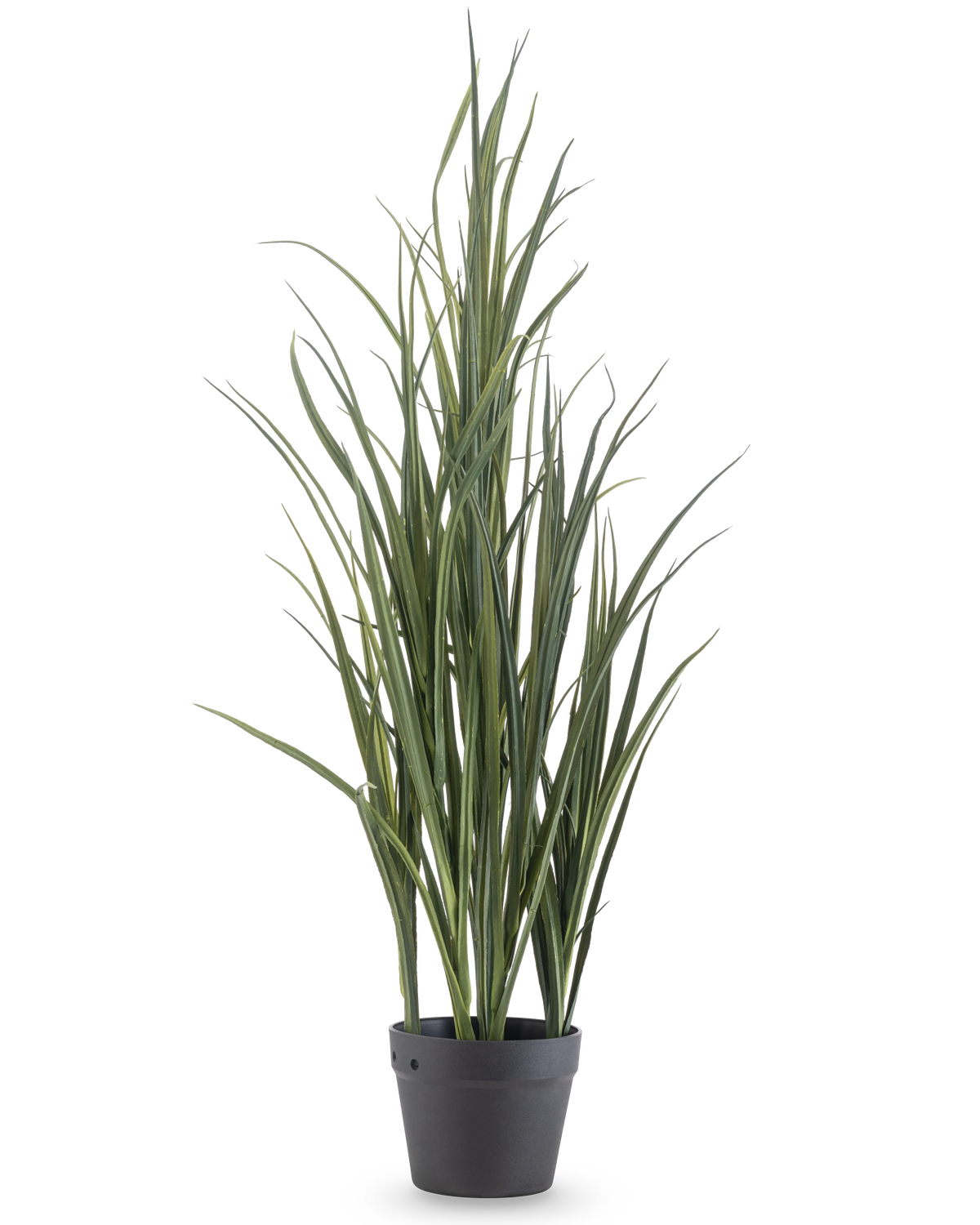 Le Gazon Artificiel Vert UV 90 cm est une grande plante artificielle aux feuilles vertes longues et fines qui se dressent dans un pot gris foncé sur un fond blanc uni.