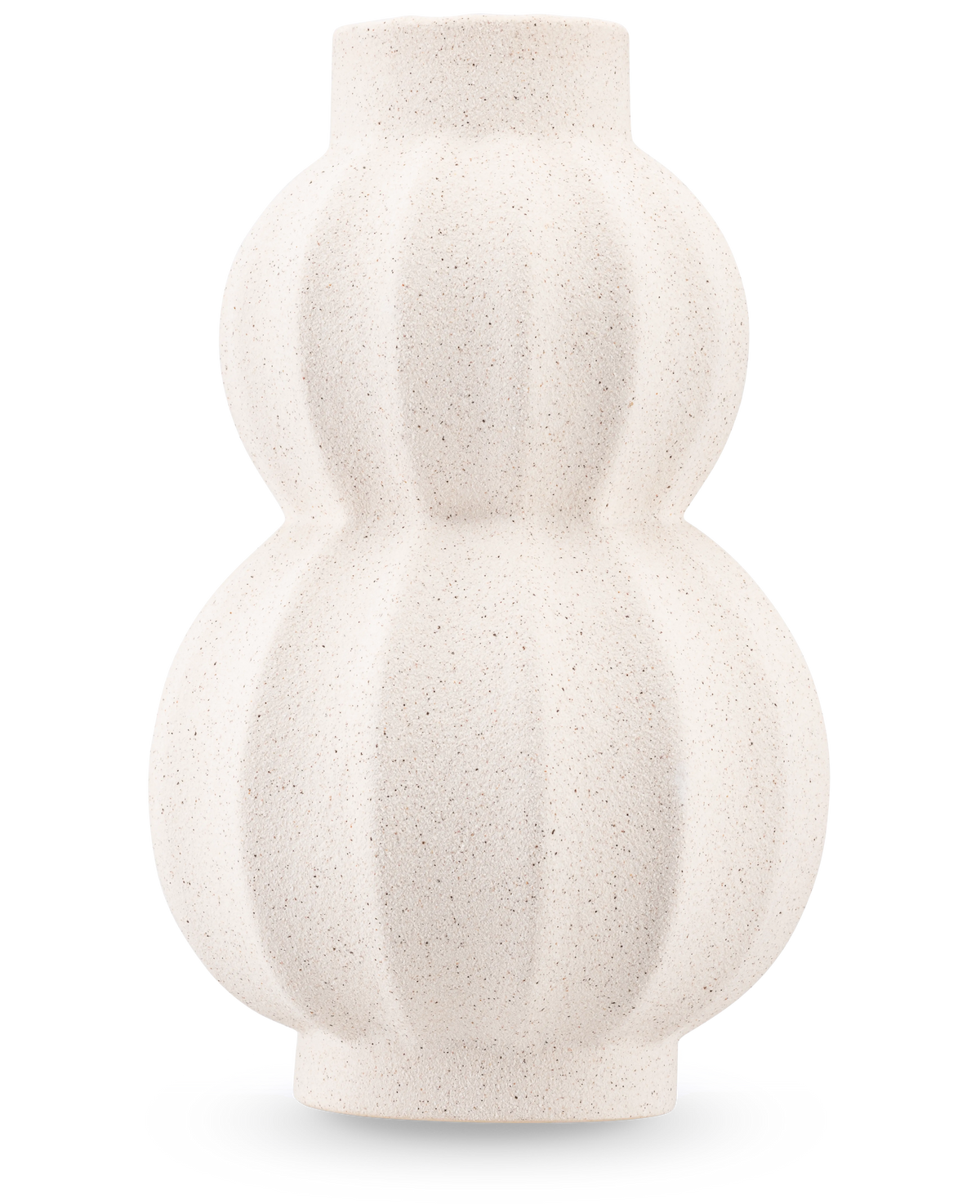 Le Vase Bloomnest 24 cm beige est un vase blanc en céramique structurée avec une finition mate et une forme arrondie double gourde avec des rainures verticales. Idéal pour les fleurs artificielles. Montré sur un fond uni de couleur claire.