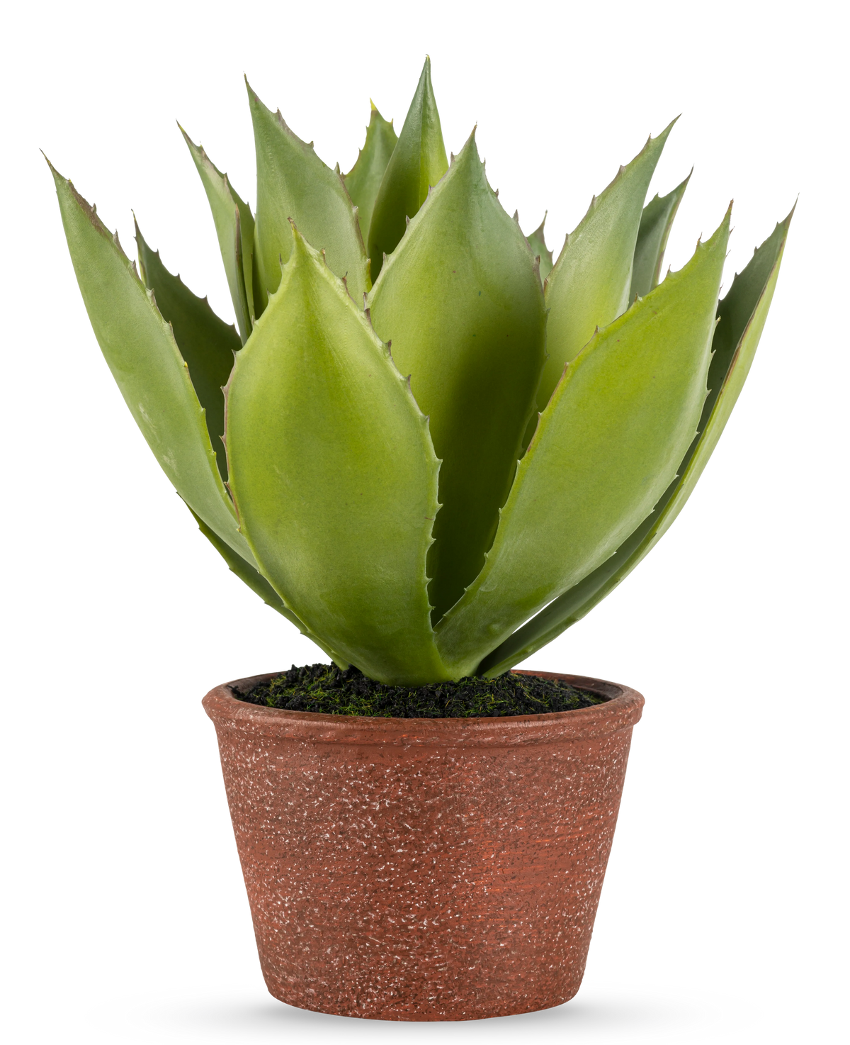 La Plante Artificielle Agave 25 cm présente des feuilles vertes épaisses et pointues dans un pot rouge-marron texturé, sur un fond uni blanc.