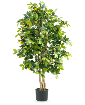 L'Oranger Artificiel 120 cm deluxe est un grand oranger artificiel avec des feuilles vertes et des petits fruits orange dans un pot noir, sur un fond blanc uni.