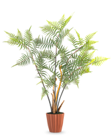 La Fougère Artificielle Deluxe 117 cm est une grande fougère artificielle avec de multiples feuilles vertes et des tiges minces, qui se dresse dans un pot marron nervuré sur un fond blanc uni.