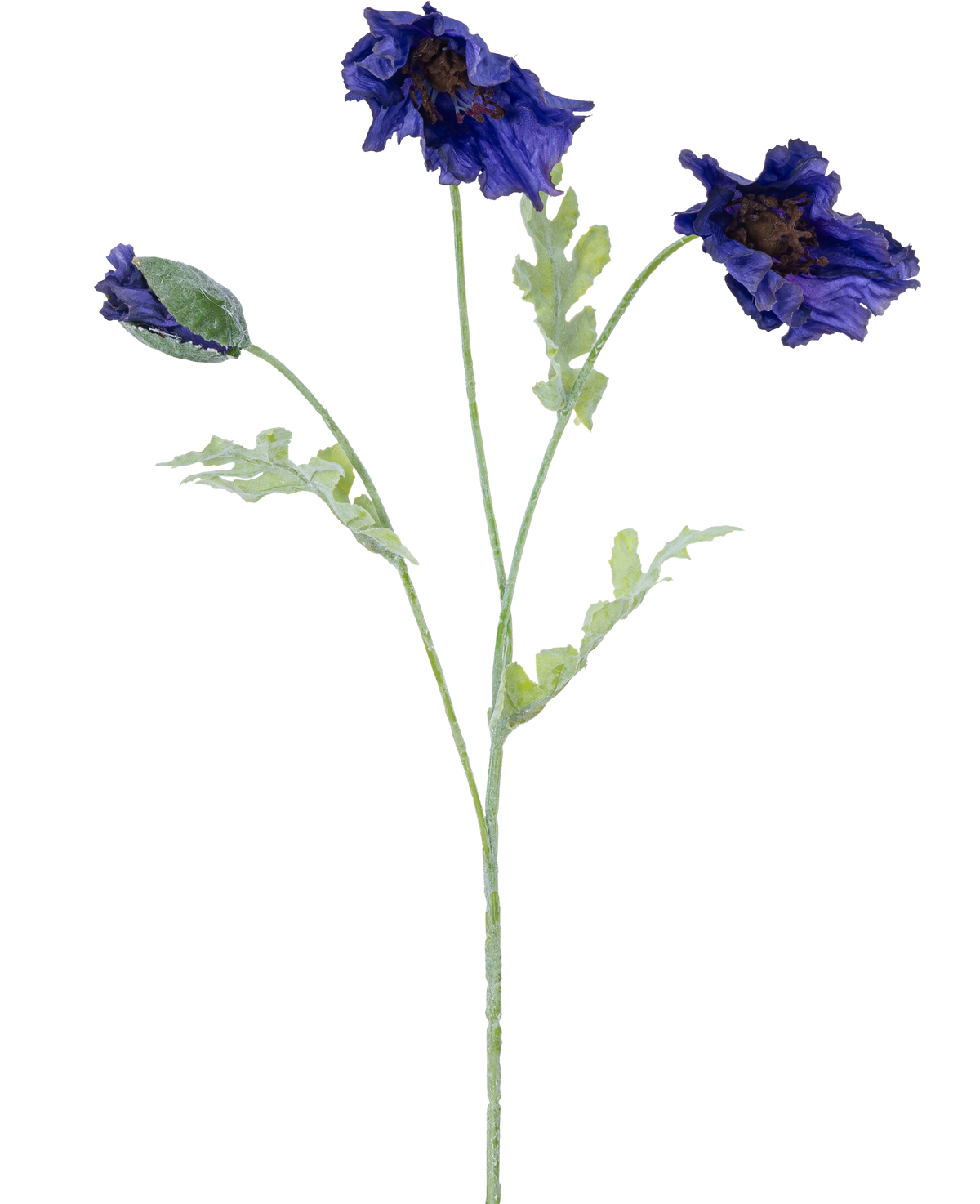 Une illustration botanique de la fleur artificielle de coquelicot 73 cm bleu foncé montre trois tiges vert clair - deux avec des volants de fleurs bleu foncé et une avec un bouton fermé sur un fond blanc.
