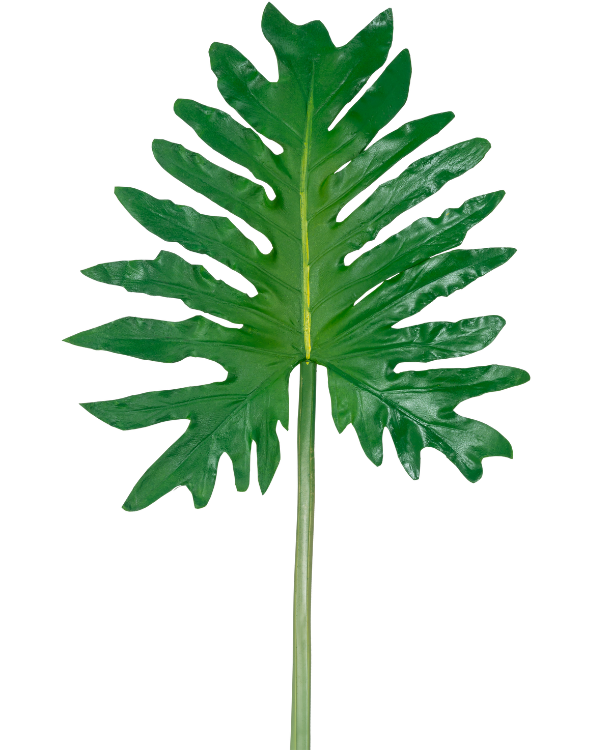 Un philodendron à feuilles artificielles de 68 cm, doté d'une grande feuille tropicale verte avec des lobes profonds et irréguliers et une longue tige centrale, est présenté sur un fond blanc uni.