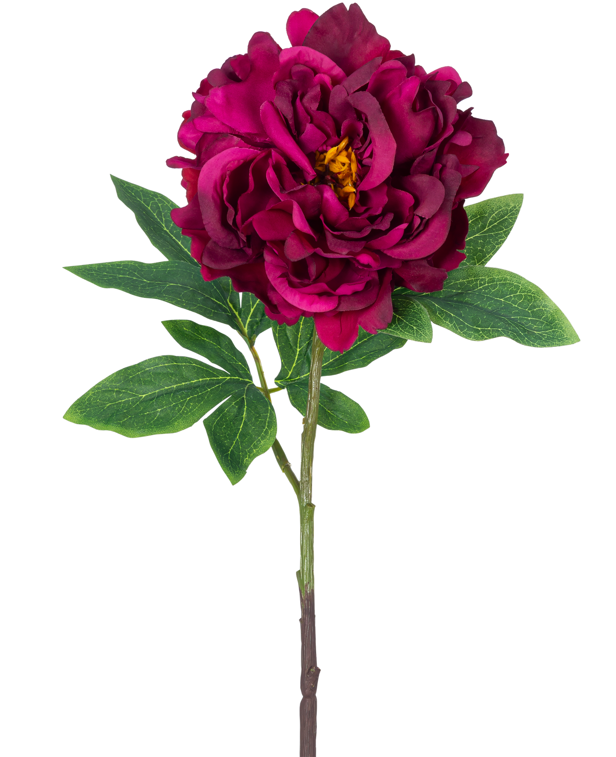 La fleur artificielle pivoine 61 cm violette est une pivoine artificielle simple avec des pétales superposés violet foncé, un cœur jaune, des feuilles vertes et une longue tige, représentée sur un fond blanc uni.