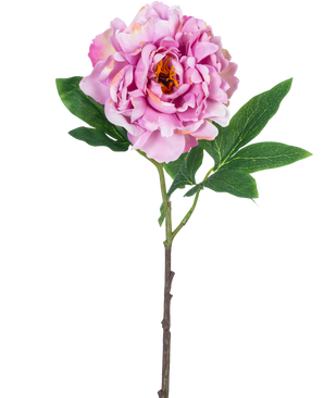Une seule fleur artificielle pivoine de 61 cm rose clair, avec des pétales rose clair et des feuilles vertes sur une longue tige, photographiée sur un fond blanc uni.