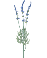 Une illustration botanique d'une branche artificielle de lavande de 66 cm bleue montre trois tiges longues et fines avec des grappes de petites fleurs bleues et des feuilles vertes allongées sur un fond blanc.
