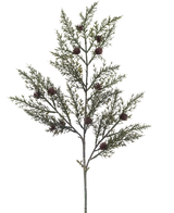 La Branche Artificielle Aiguille de Pin 65 cm vert a une seule branche avec de fines feuilles vertes en forme d'aiguilles et de petites pommes de pin brunes sur un fond blanc.
