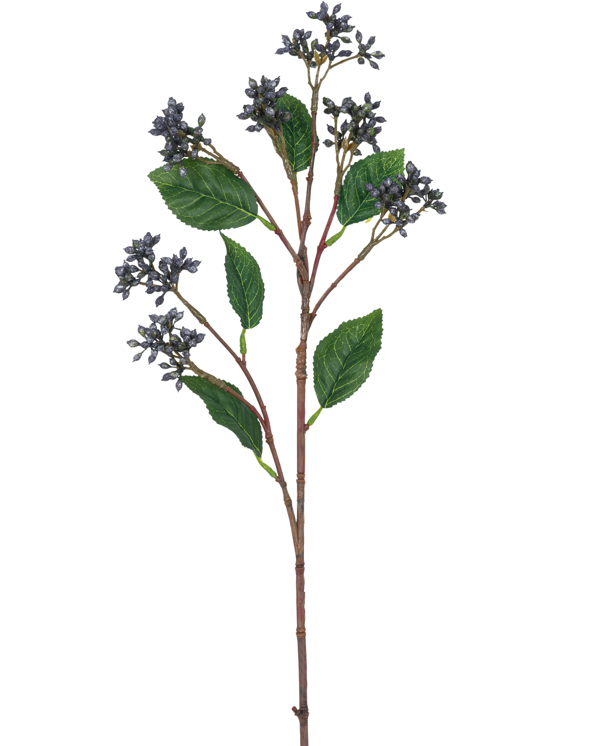 La Branche Artificielle Baies 64 cm bleu acier possède une seule branche artificielle avec des grappes de petites baies bleu acier et plusieurs feuilles vertes sur des tiges rouge-brun, parfaites pour la décoration.