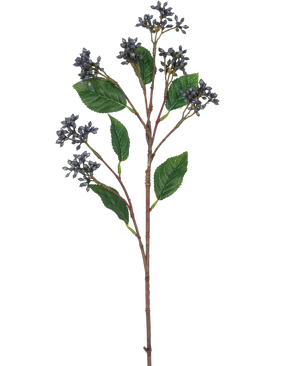 Le Kunsttak Japanese Berry 63 cm présente des grappes de petites baies bleu acier et des feuilles vertes simples sur de fines tiges brunes, sur un fond blanc uni.