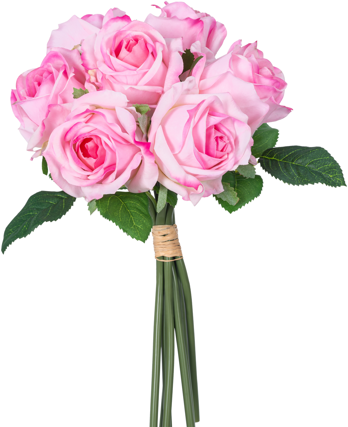 Un bouquet de roses artificielles composé de 7 roses roses Real Touch (30 cm) avec des feuilles vertes, liées ensemble avec de la ficelle et photographiées sur un fond blanc.