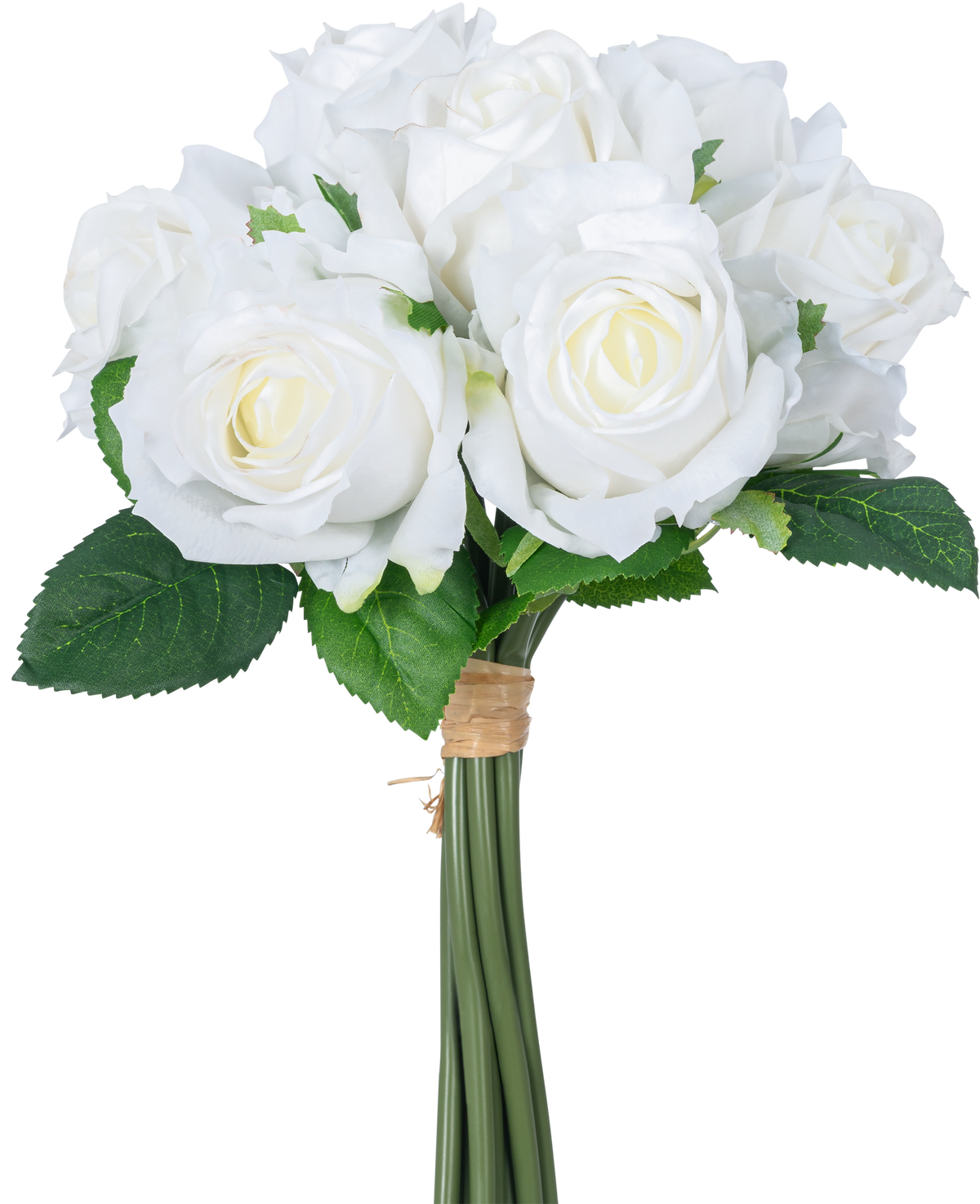 Le Bouquet de Roses Artificielles 7 Roses Real Touch Blanc 30 cm possède un bouquet de roses artificielles blanches avec des feuilles vertes, les tiges liées par un élastique marron, représentées sur un fond blanc uni.
