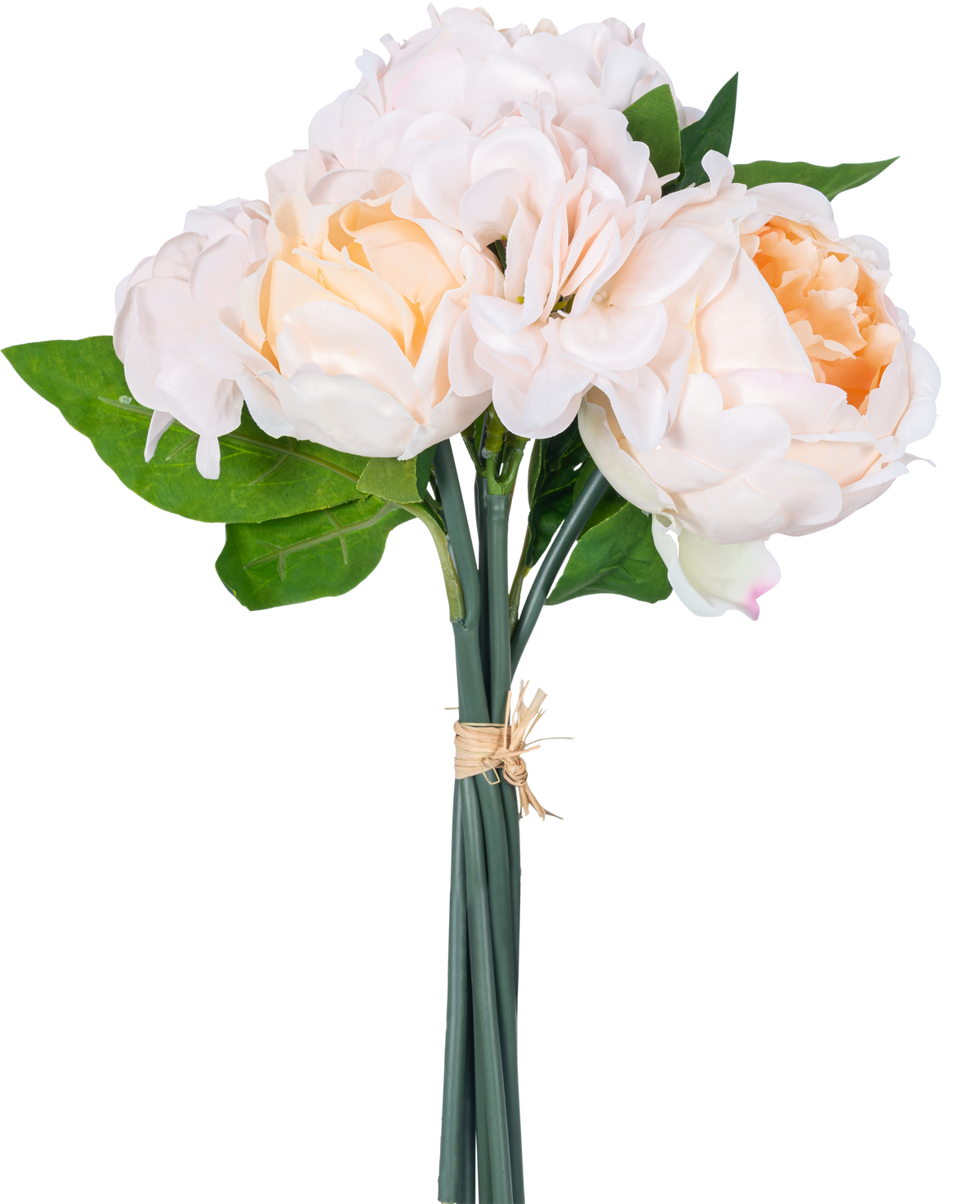 Un bouquet de fleurs artificielles Real Touch Champagne 30 cm contient des fleurs artificielles roses et pêche avec des feuilles vertes et des boutons de lotus, attachées avec une corde sur un fond blanc.