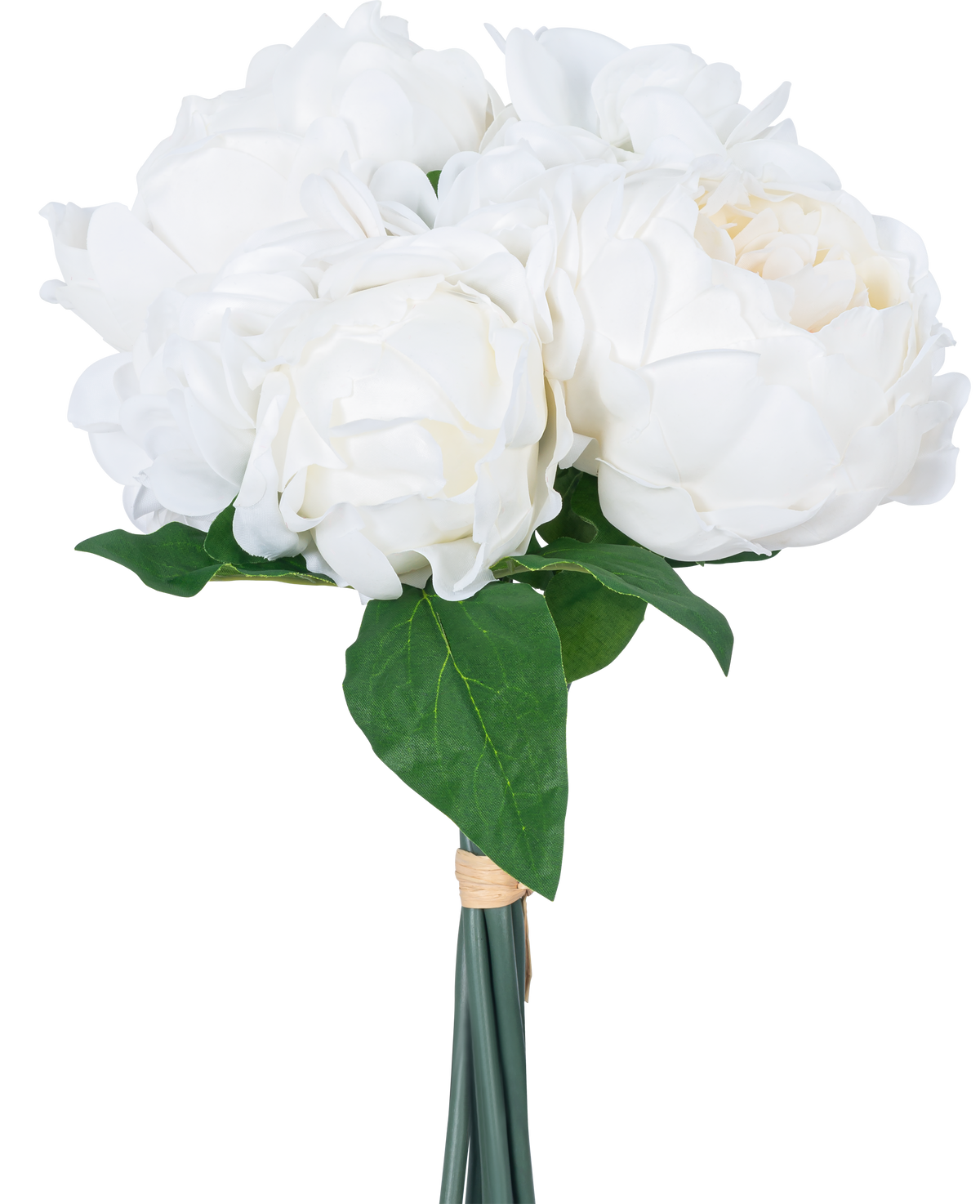 Le bouquet artificiel mélange de fleurs Real Touch White 30 cm présente des fleurs blanches et des feuilles vertes réalistes, élégamment enveloppées d'une bande et sur un fond blanc uni.