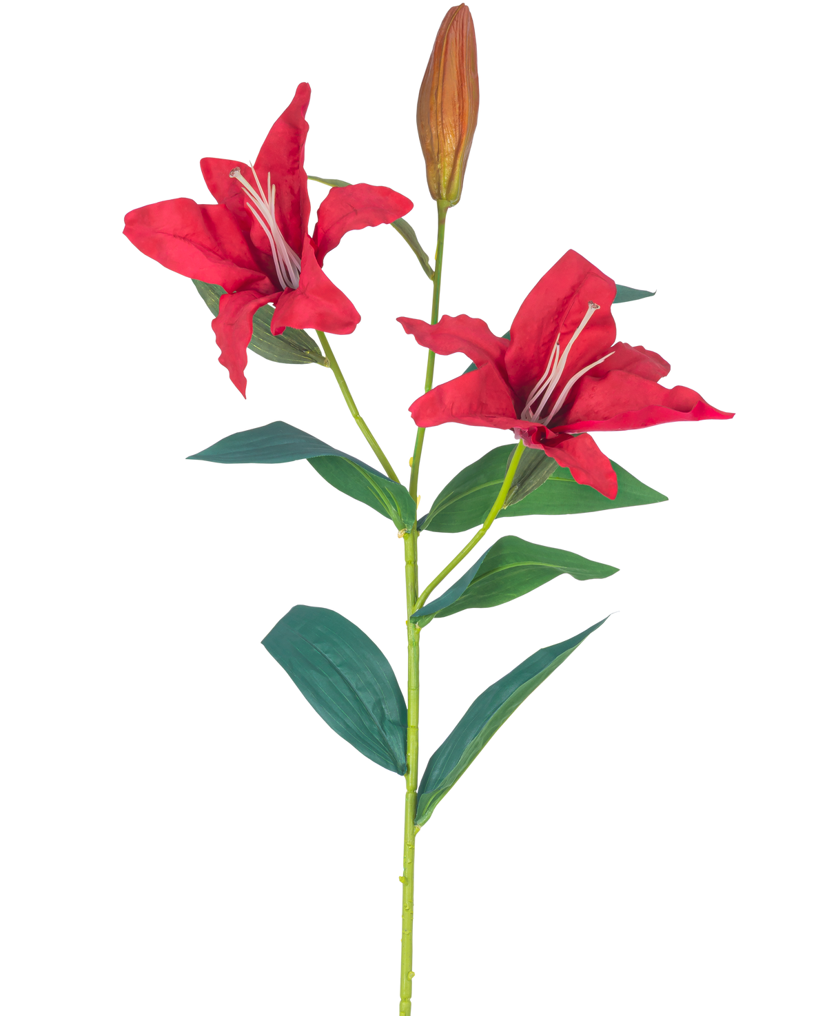La Fleur Artificielle Lys Real Touch rouge 95 cm a une tige avec deux fleurs de lys rouges ouvertes, un bourgeon fermé et plusieurs feuilles vertes, le tout sur un fond blanc.