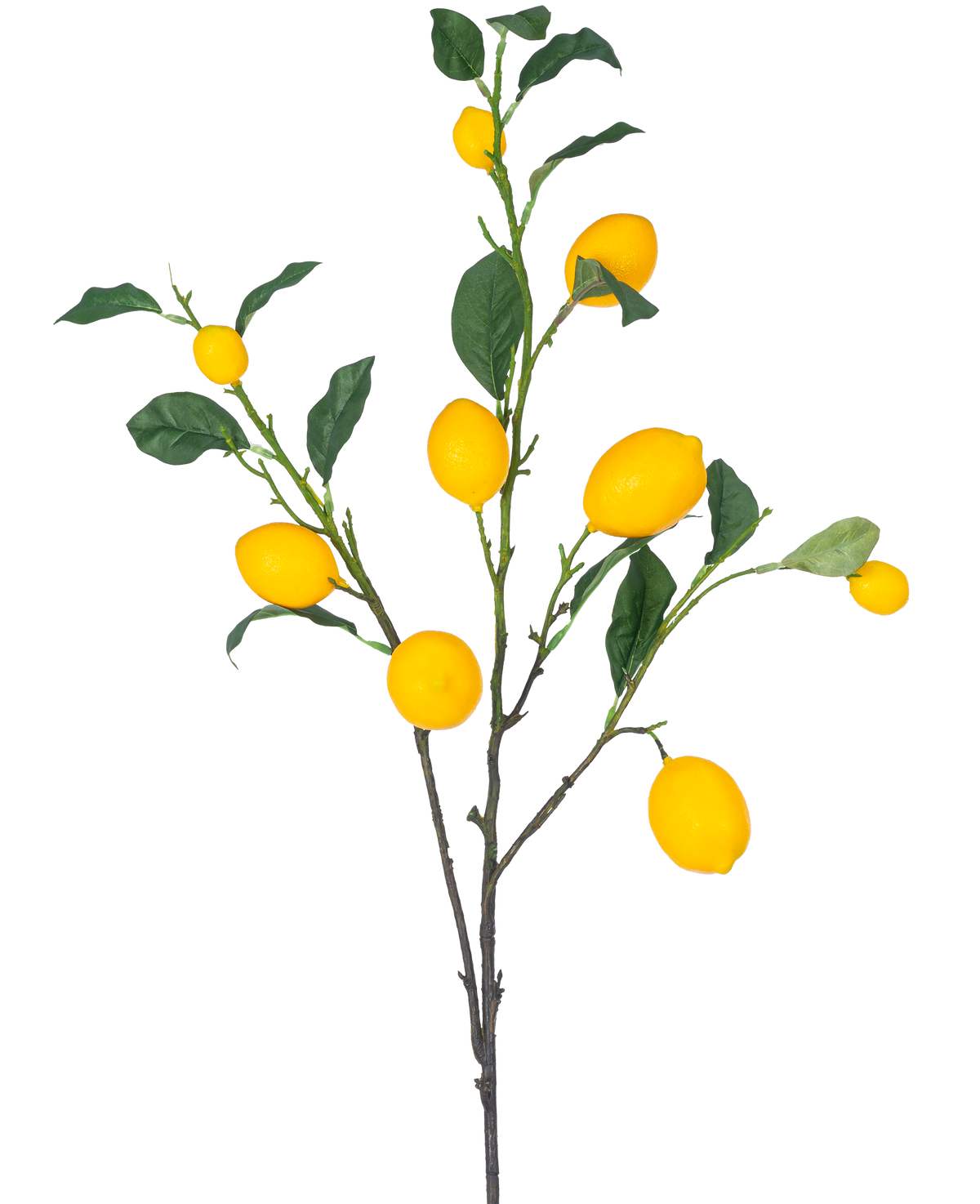 La Branche Artificielle Citron 104 cm jaune possède une branche avec plusieurs citrons jaune vif et des feuilles vertes sur fond blanc.