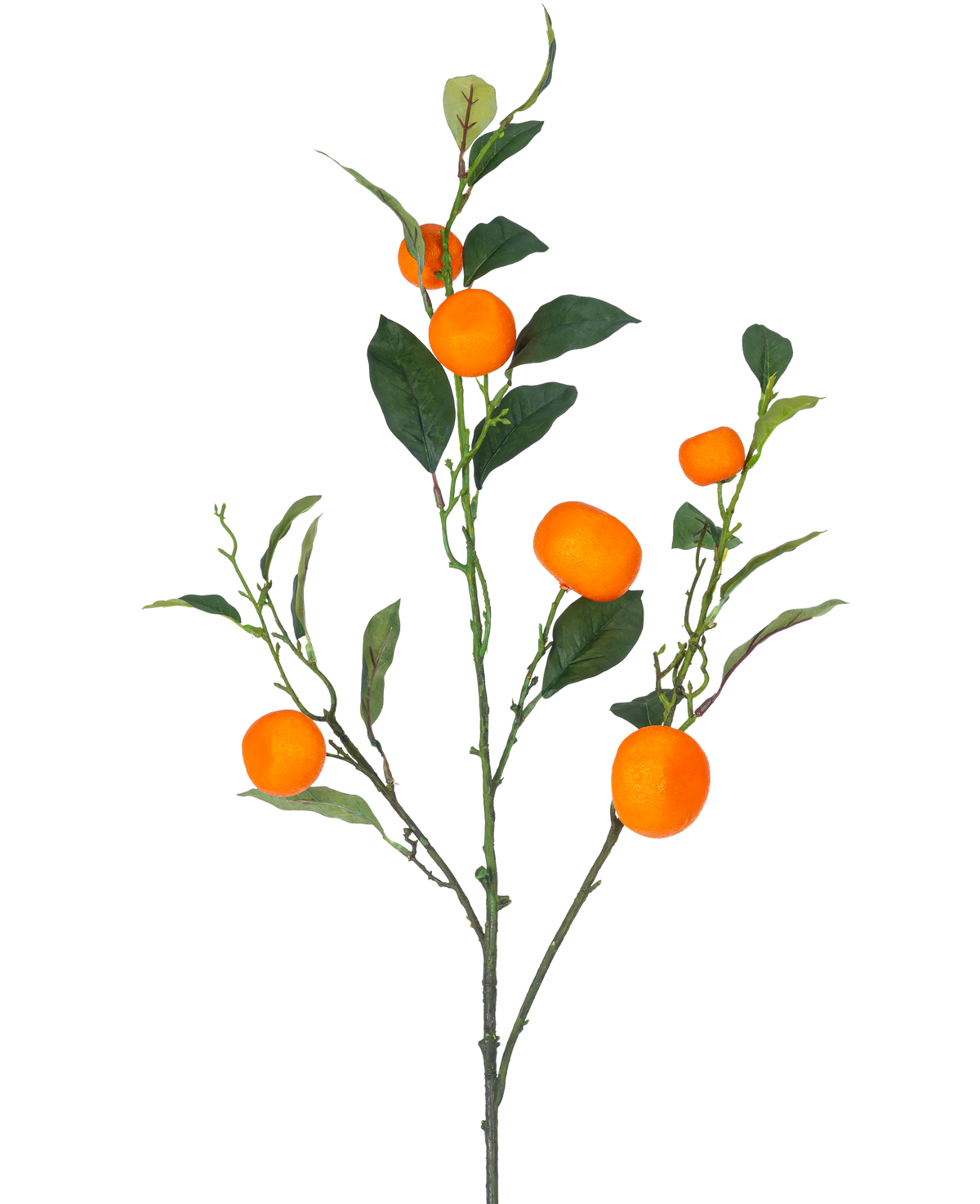 Une branche artificielle de mandarine Branche orange de 104 cm avec des feuilles vertes et des fruits orange vif ressemblant à des mandarines, sur un fond blanc uni.