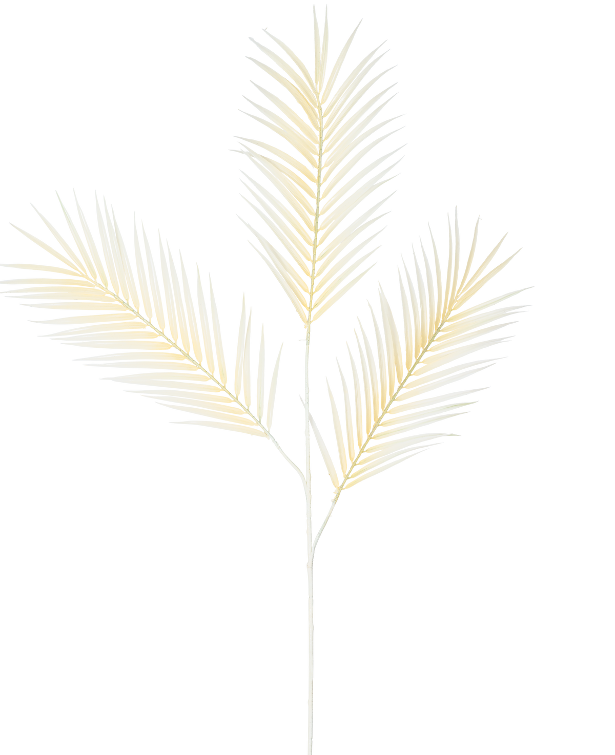 La fougère artificielle à branche large 101 cm blanche présente une délicate feuille de palmier jaune clair avec trois feuilles ramifiées sur un fond blanc uni.