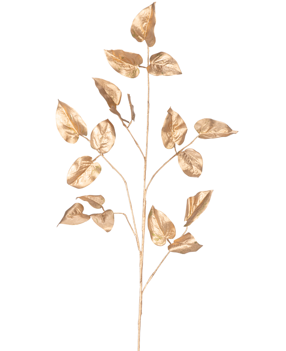 L'Art Branch Salal 95 cm doré possède une seule branche peinte en or avec plusieurs feuilles sur un fond blanc uni.