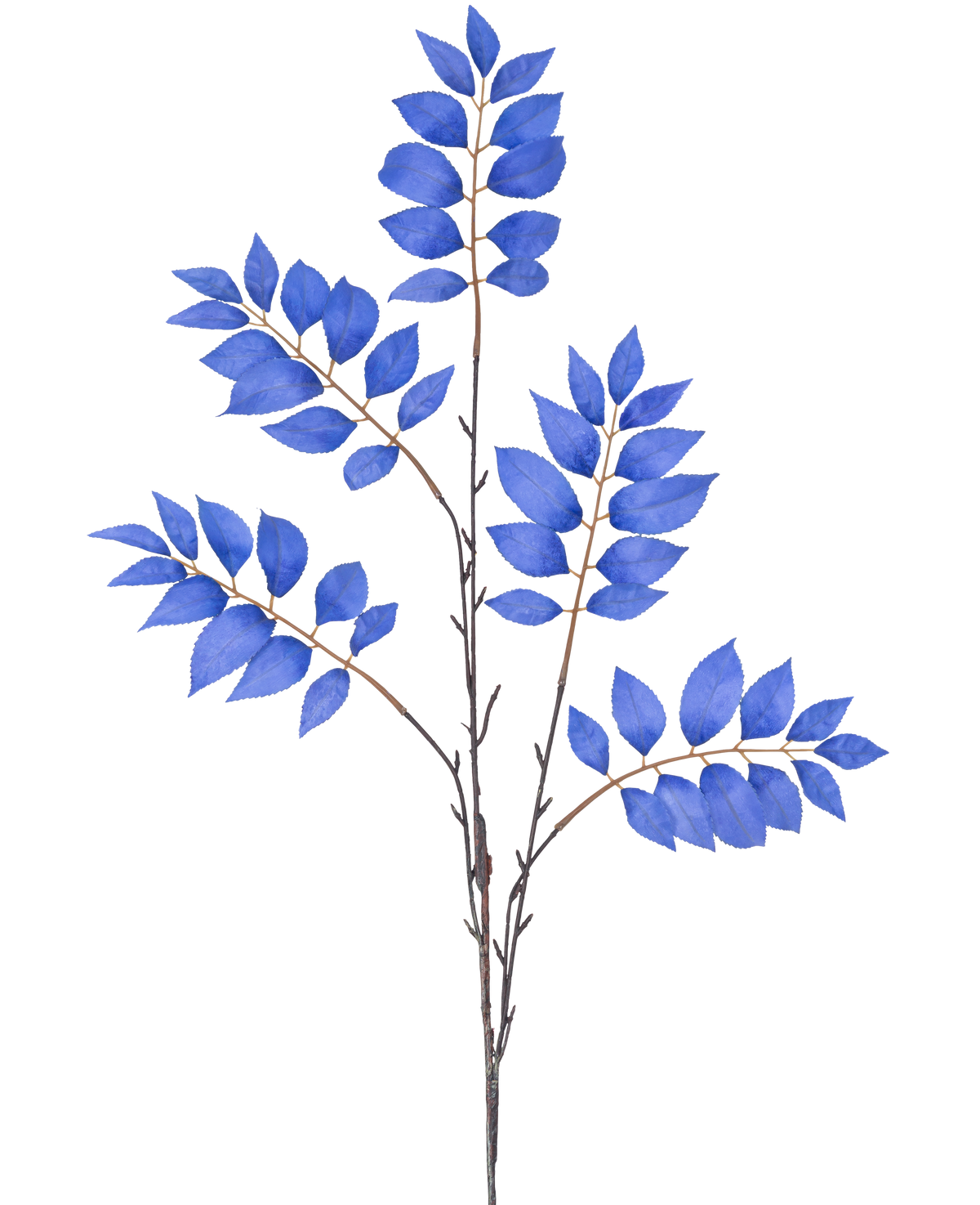 Une illustration à l'aquarelle de la Fougère Branche Artificielle ramifiée, une branche artificielle de 83 cm avec de multiples tiges fines et des bouquets de feuilles bleues, sur fond blanc.