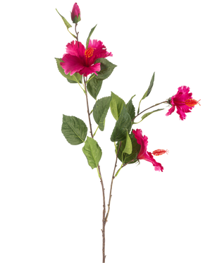 La Fleur Artificielle Hibiscus 89 cm fuchsia possède une branche aux feuilles vertes, plusieurs fleurs d'hibiscus fuchsia vibrantes et un bourgeon fermé, le tout sur un fond blanc.
