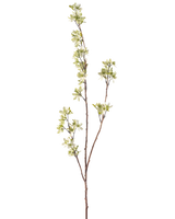La fleur artificielle Flowers 102 cm verte est une branche unique et mince de couleur marron avec plusieurs ramifications et de petits bouquets de fleurs vert clair et blanches sur un fond blanc uni.