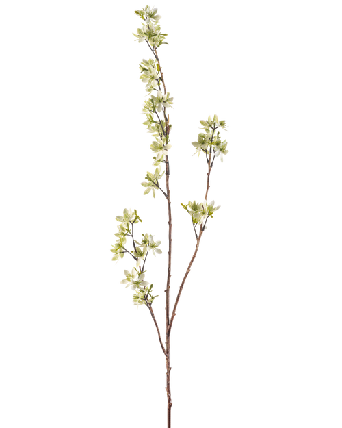 La fleur artificielle Flowers 102 cm verte est une branche unique et mince de couleur marron avec plusieurs ramifications et de petits bouquets de fleurs vert clair et blanches sur un fond blanc uni.