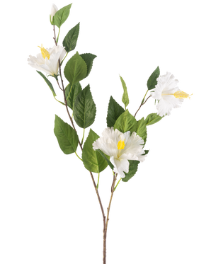 La Fleur Artificielle Hibiscus 89 cm crème possède une branche aux feuilles vertes et trois fleurs d'hibiscus de couleur crème avec des étamines jaunes sur un fond uni blanc.