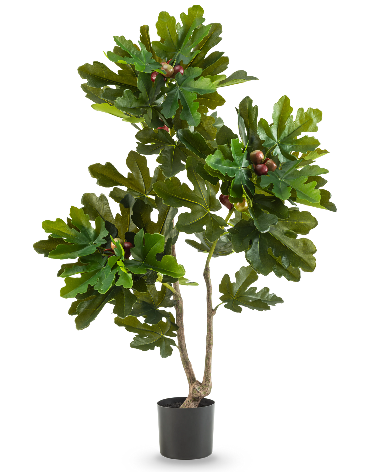 La plante artificielle Ficus Carica Figuier 120 cm présente des feuilles vertes luxuriantes et de petits fruits bruns dans un pot noir, sur un fond blanc uni.