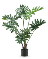 La plante artificielle Philodendron 90 cm possède de grandes feuilles fendues vert foncé brillant et plusieurs tiges dressées dans un pot haut, sur un fond blanc uni.