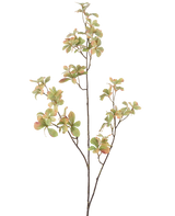 La Branche de fleur artificielle 112 cm verte possède une tige fine et ramifiée avec des grappes de feuilles vertes rose clair et crème sur un fond uni blanc.