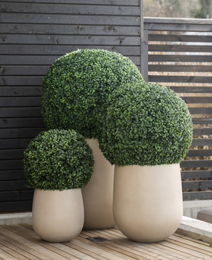 Trois grands arbustes topiaires artificiels de style romain UV D55cm au feuillage vert dense sont placés dans de grandes jardinières beiges sur une terrasse en bois devant une clôture à lattes sombres.