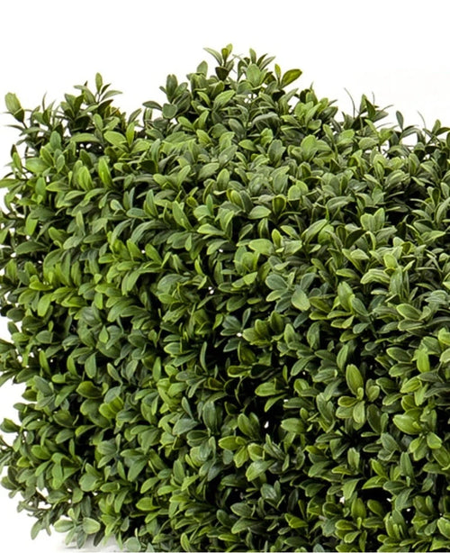 La Haie de Buis Artificiel UV 100x20x25 cm présente un tapis dense et carré de feuilles de buis artificiels de différentes nuances de vert sur un fond blanc.