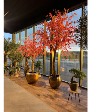Des plantes et des arbres en pot, comme l'arbre artificiel en fleurs de cerisier rose de 330 cm aux fleurs rose vif, sont disposés à proximité de hautes fenêtres en verre qui reflètent la lumière sur le parquet.