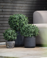 Trois buis artificiels sur tige UV de 40 cm, des plantes rondes en pot vert luxuriant se dressent sur une terrasse en bois à côté d'un canapé d'extérieur gris clair, avec un mur en bois sombre en arrière-plan.