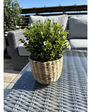 La Plante Artificielle Buxus vert en pot UV 19 cm, avec des feuilles vertes dans un pot en forme de panier en osier, se dresse sur une table d'extérieur en verre avec des meubles de patio et une balustrade en bois visible sous un ciel bleu clair.