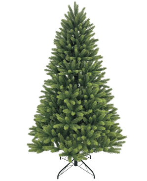 Le sapin de Noël artificiel "Ask" 100% PE possède des branches vertes denses et uniformément réparties, constituées de véritables aiguilles en PE. Il repose sur un support en métal noir et est représenté sur un fond blanc uni.