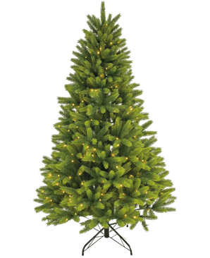 Le Sapin de Noël Artificiel "Ask" 100% PE - Smart LED possède des branches au toucher réel, un éclairage blanc chaud intégré et repose sur un support en métal noir sur un fond blanc uni.