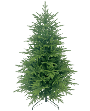 Le Sapin de Noël Artificiel "Åsmund" PE/PVC est un sapin de Noël artificiel vert avec des branches denses, debout sur un support en métal sur un fond blanc uni.