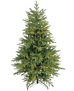 Le Sapin de Noël Artificiel "Åsmund" PE/PVC - Smart LED est un sapin artificiel vert avec un pied en métal noir, équipé de petites lumières blanc chaud uniformément réparties et sans ornements ni cime d'arbre.