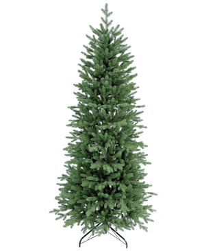 L'arbre de Noël artificiel Slim "Undset" 100 % PE est un grand arbre de Noël artificiel avec des branches denses en PE vert, qui semble réel et repose sur une base en métal noir. Il n'est pas décoré et est représenté sur un fond blanc uni.