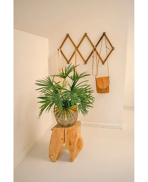La Plante Artificielle Baby Palm Fan en pot UV 50 cm trône sur un tabouret en bois dans une pièce minimaliste. Derrière lui, un support mural marron de style accordéon présente des sacs en cuir marron et beige contre un mur d'un blanc éclatant.
