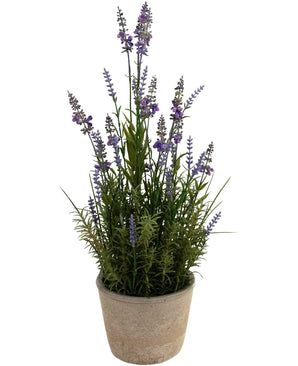 La Lavande Artificielle 51 cm en pot décoratif présente de longues tiges vertes et de petites fleurs violettes dans un pot de couleur claire, sur fond blanc.