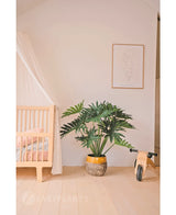 Une chambre d'enfant confortable et minimaliste avec un berceau et un auvent en bois à gauche, une plante artificielle Philodendron UV 90 cm au milieu comme pièce maîtresse, à droite un vélo jouet en bois et au-dessus une simple impression d'art au trait.