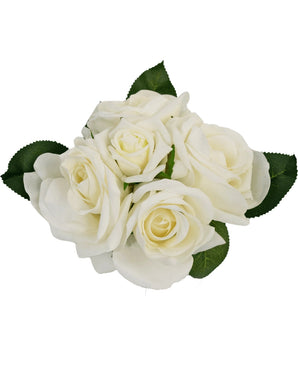Le bouquet de roses artificielles Real Touch White 18 cm contient des roses artificielles blanches réalistes avec des feuilles vertes, rapprochées sur un fond blanc uni.