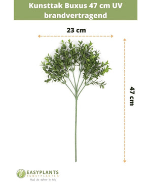 Branche artificielle Buxus 47 cm ignifugée UV, 23 cm de large, avec feuilles vertes en plastique sur plusieurs branches. Spécifications et dimensions en néerlandais, avec la marque EasyPlants en bas.